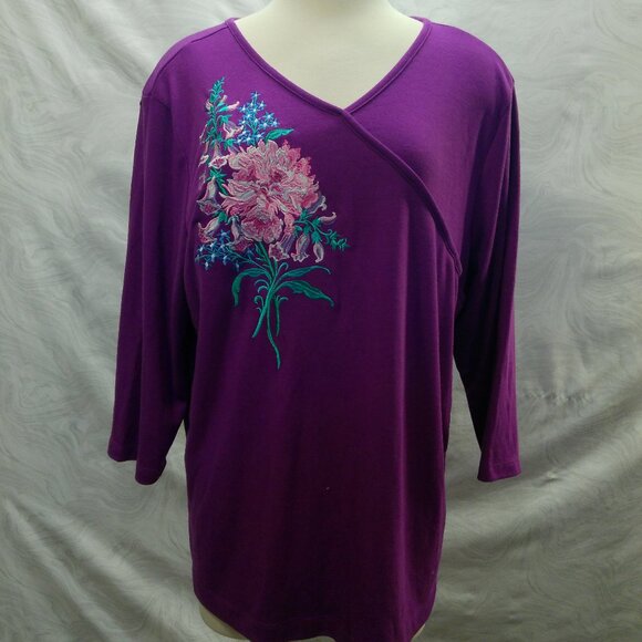 Bob Mackie Top Women's Long Sleeve Purple Artsy Floral Size XL - Picture 1 of 13